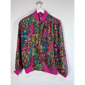 Vintage Kriss Kross Womens Silk Bomber Jacket Small Colorful Abstract Floral Zip
